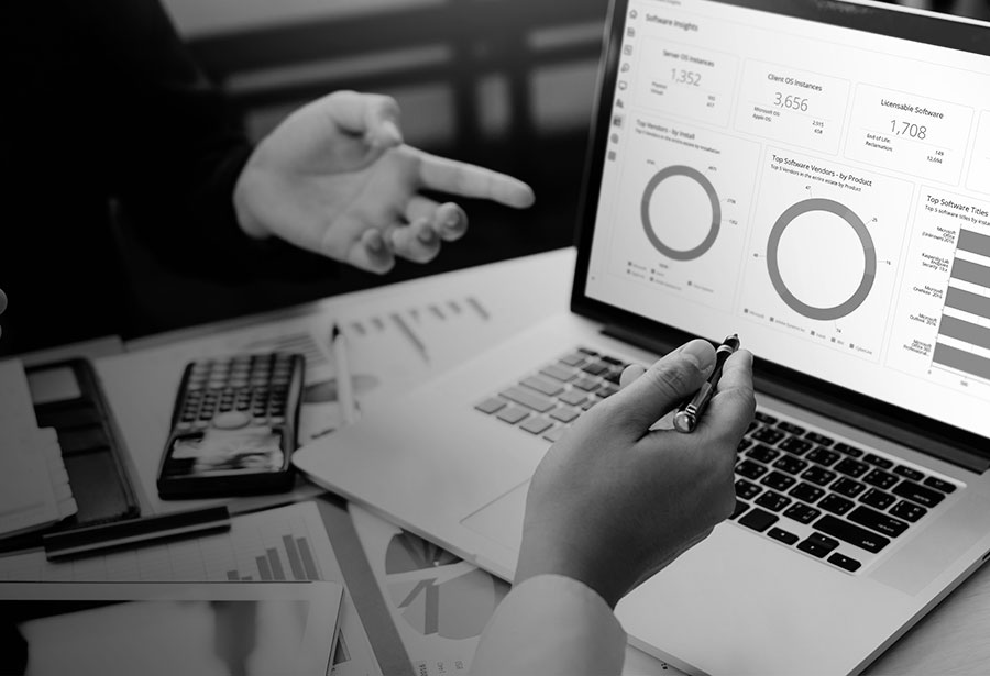 Iemand analyseert een Excel-rapportage op een laptop